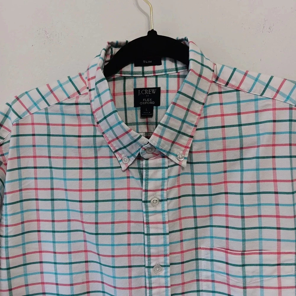 J.Crew Flex Oxford Shirt‎ L  Slim Fit Men's White Red Green Plaid Button Down